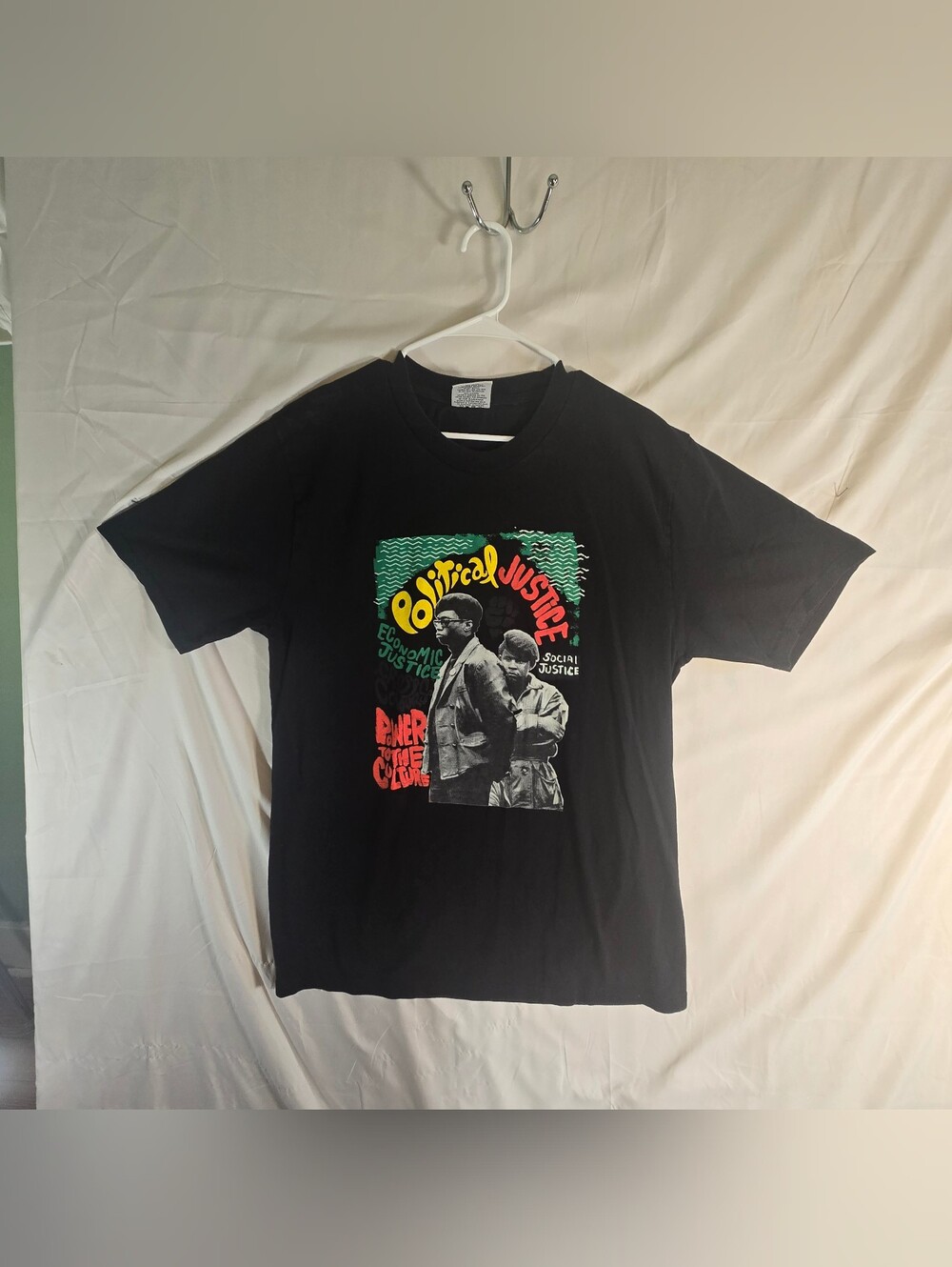Black Graphic Political Justice Crewneck T-Shirt Size Large